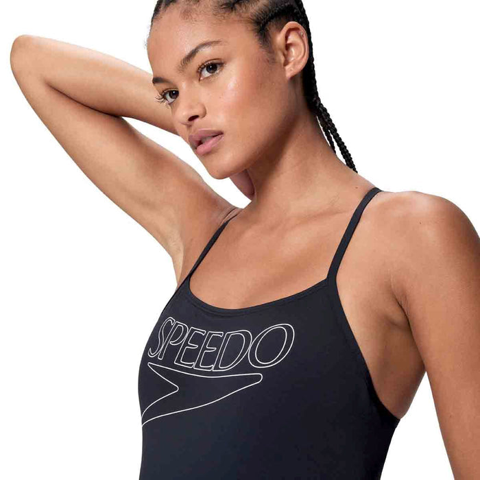 Speedo Women's Endurance+ logo thin strap swimsuit in anthracite, featuring sleek design and minimal straps for swimming comfort.