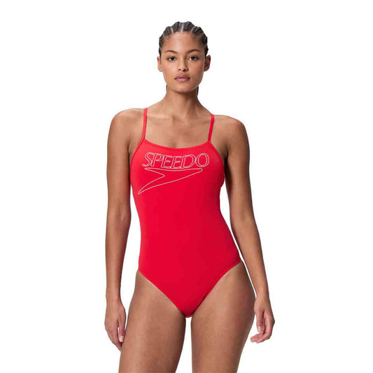 Speedo Women's Endurance+ logo thin strap swimsuit in high risk red, featuring sleek design and vibrant color for swimming.