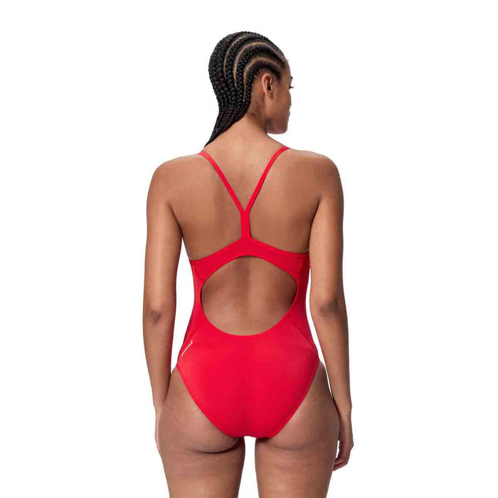 Speedo Women's Endurance+ Logo Thin Strap Swimsuit in High Risk Red, featuring a sleek design and thin shoulder straps.