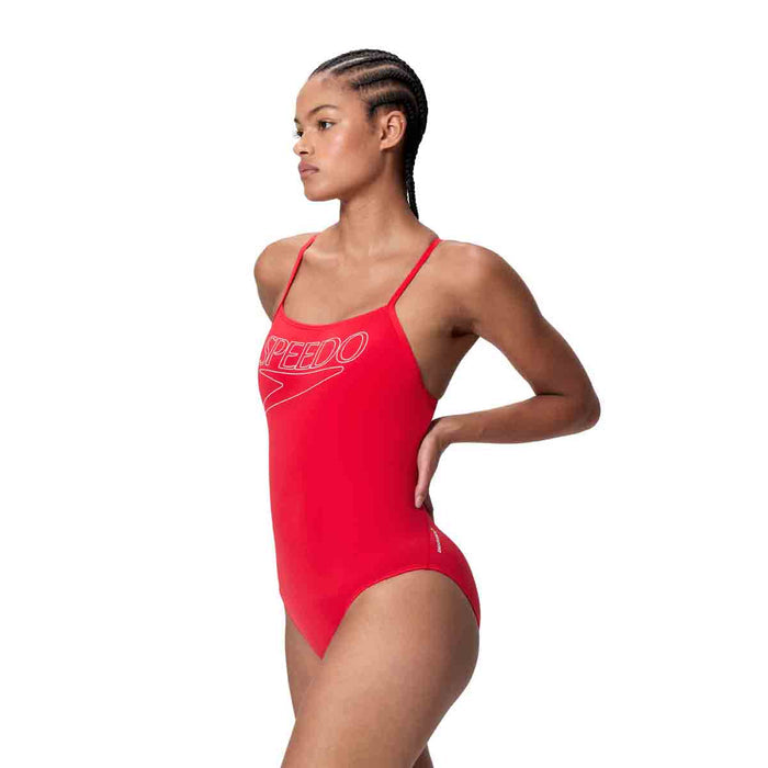 Speedo Women's Endurance+ Logo Thin Strap Swimsuit in High Risk Red, showcasing the sleek design and vibrant color.