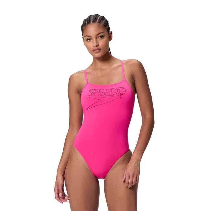 Speedo Women's Endurance+ logo thin strap swimsuit in vibrant Margarita Pink, showing the sleek design and brand logo.