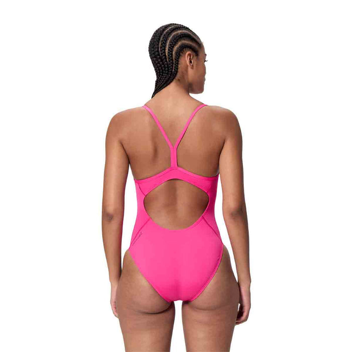 Speedo Women's Endurance+ Margarita Pink Thin Strap Swimsuit with logo, designed for comfortable swimming and active water sports.
