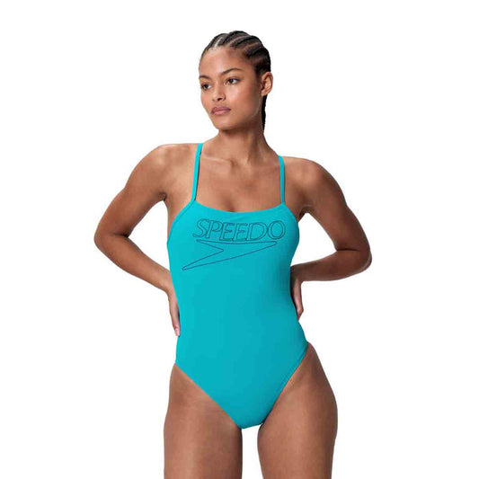 Speedo women's Endurance+ logo thin strap swimsuit in Mayan Blue, featuring a sleek design and vibrant color for active swimming.