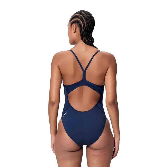 Speedo women's Endurance+ logo thin strap swimsuit in peacoat, featuring a sleek design and comfortable fit for swimming.
