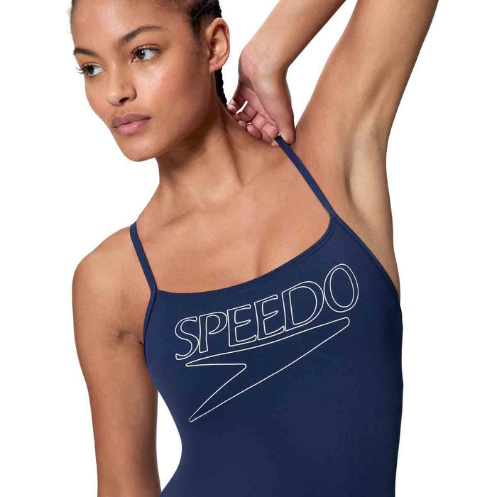 Speedo Women's Endurance+ logo thin strap swimsuit in peacoat, featuring a sleek design and comfortable fit.