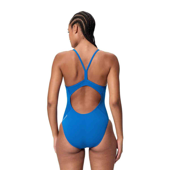 Speedo women's Endurance+ Logo thin strap swimsuit in Turkish Sea color, featuring a sleek design and comfortable fit.
