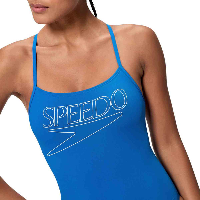 Speedo Women's Endurance+ Logo Thin Strap Swimsuit in Turkish Sea, featuring sleek design and vibrant blue color.