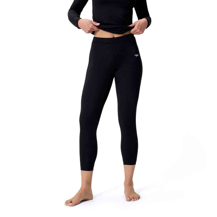 Speedo women's Endurance+ swim leggings in anthracite, close-up view of black female athletic bottoms for swimming.