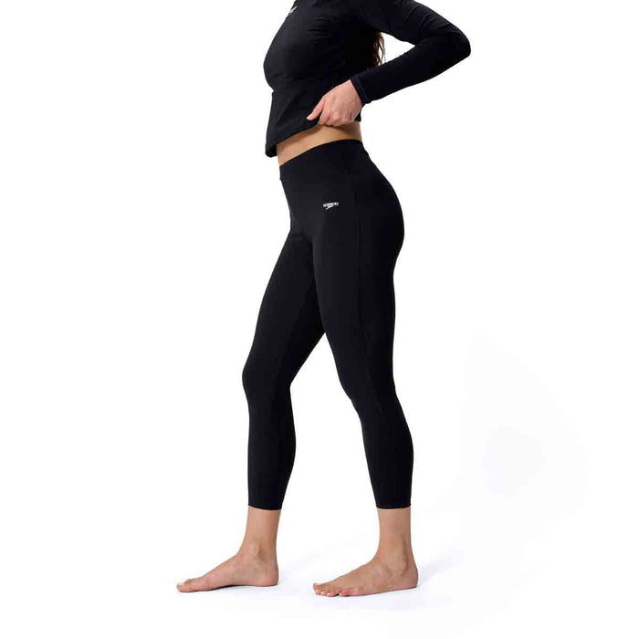 Speedo women's Endurance+ swim leggings in anthracite, close-up view of the female athletic swim bottoms made for training.