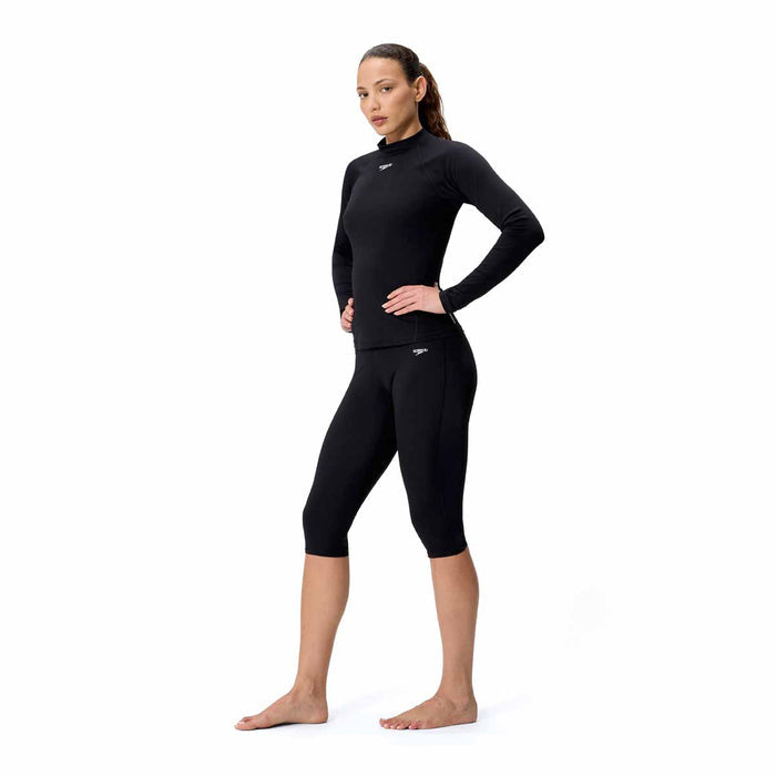 Speedo women's Endurance+ three-quarter swim leggings in anthracite, female bottoms with a snug fit and durable fabric.