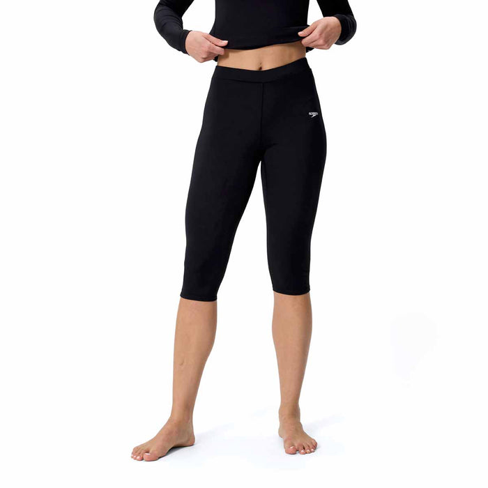 Speedo women's Endurance+ three-quarter swim leggings in anthracite, female bottoms with a snug fit and sporty design.