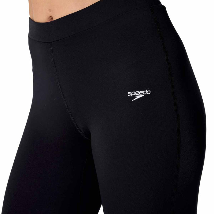 Speedo women's Endurance+ three-quarter swim leggings in anthracite, close-up of black female athletic bottoms for swimming.