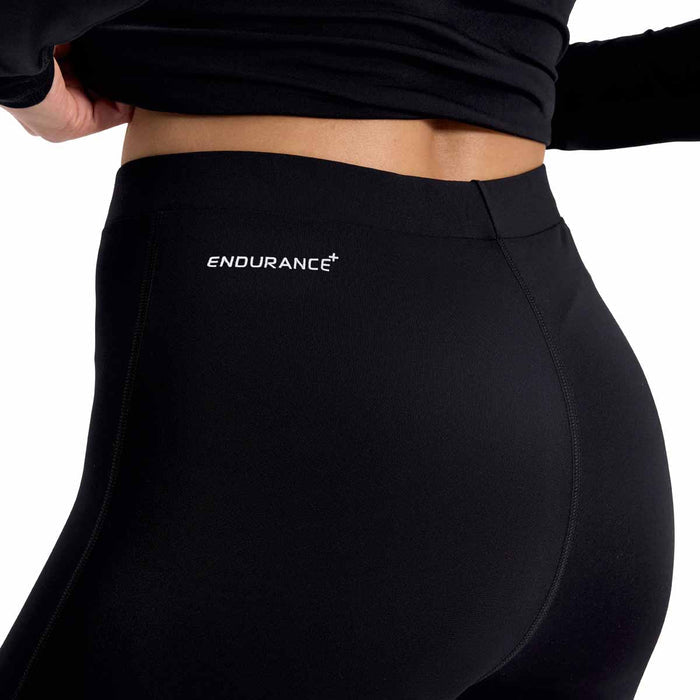 Speedo women's Endurance+ three-quarter swim leggings in anthracite, showcasing a snug, flexible female bottom with a comfortable fit.