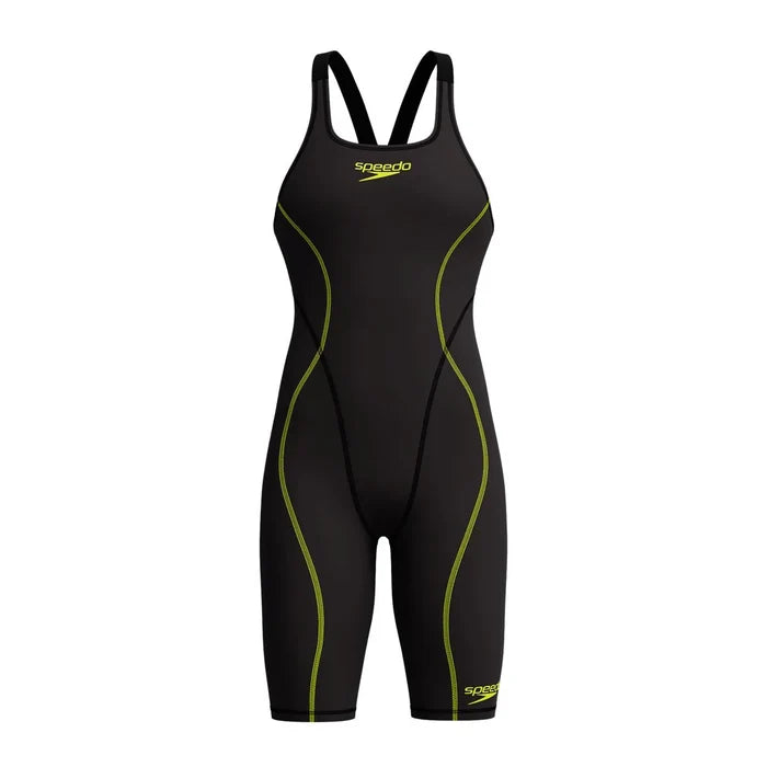 Speedo Women's Fastskin HyperSpark solid open-back kneeskin swimsuit in black, designed for competitive swimming.