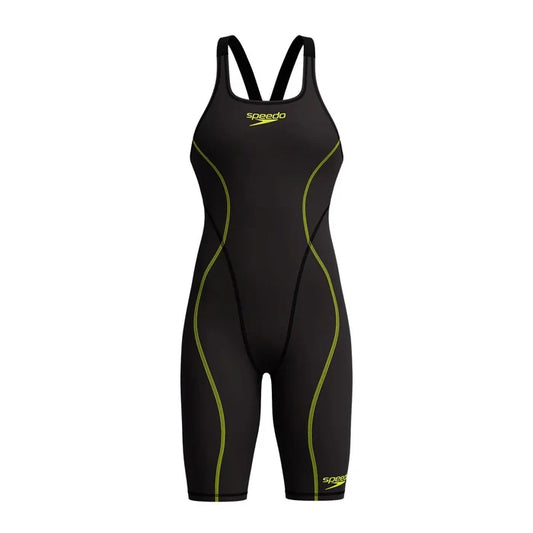 Speedo Women's Fastskin HyperSpark solid open-back kneeskin swimsuit in black, designed for competitive swimming.