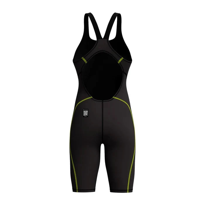 Speedo Women's Fastskin HyperSpark solid openback kneeskin swimsuit in black, designed for competitive swimming.