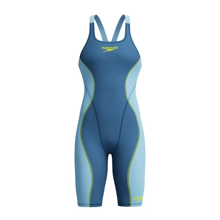 Speedo Women's Fastskin HyperSpark solid open-back kneeskin swimsuit in Night and Sevres Blue, designed for competitive swimming.