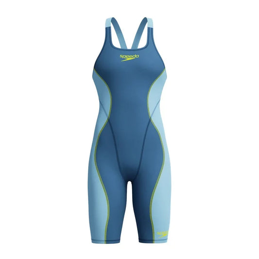 Speedo Women's Fastskin HyperSpark solid open-back kneeskin swimsuit in Night and Sevres Blue, designed for competitive swimming.