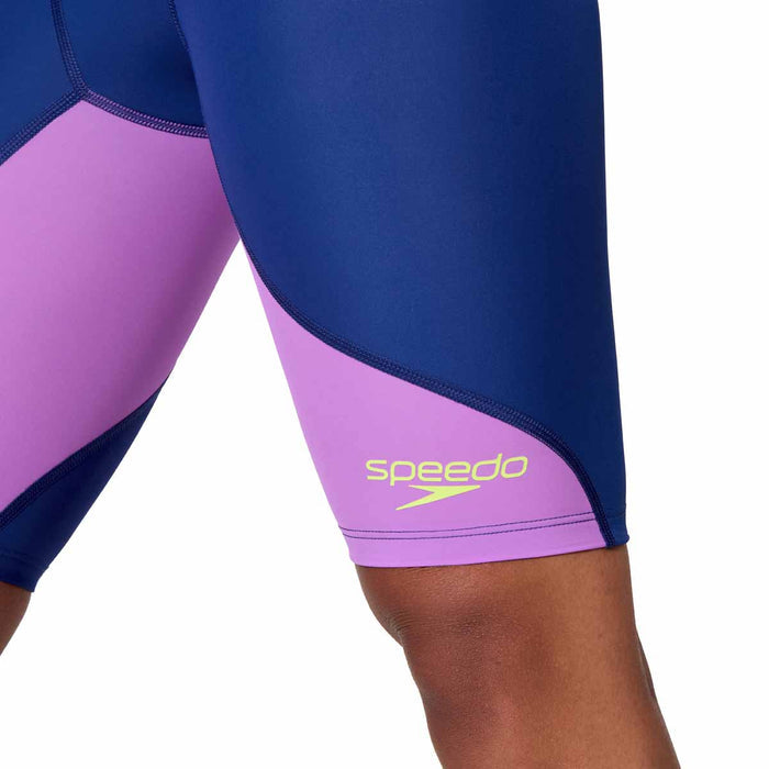 Speedo Women's Fastskin LZR Ignite Kneeskin swimsuit in navy and purple, designed for competitive swimming.