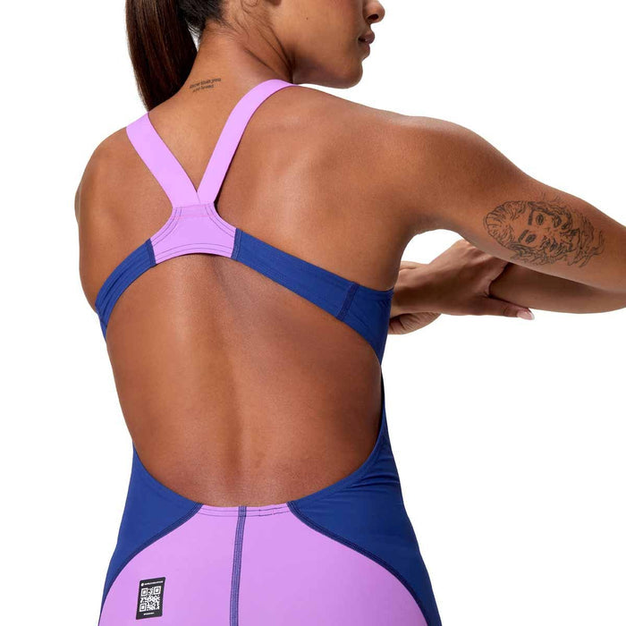 Speedo Women's Fastskin LZR Ignite Kneeskin swimsuit in navy and purple, designed for competitive swimming.