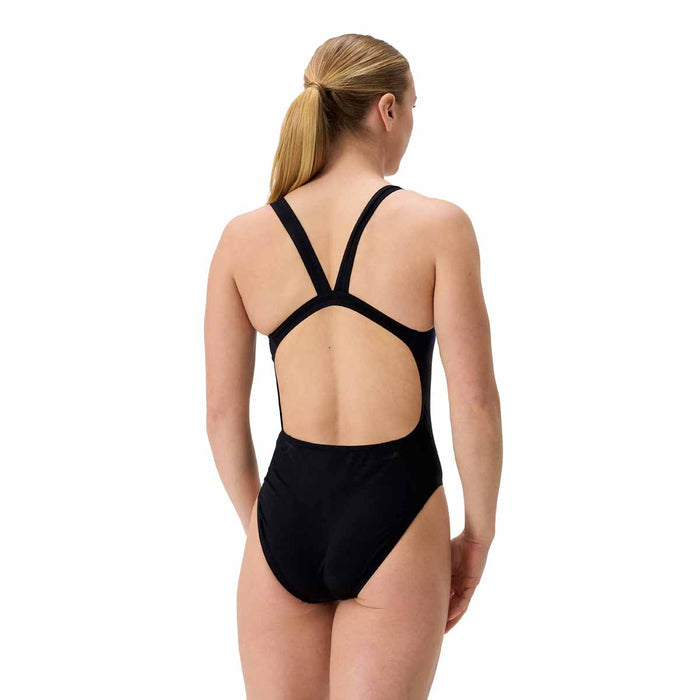 Speedo women's FL Placement Printed Leaderback swimsuit in electro static black, featuring a stylish design and supportive fit.