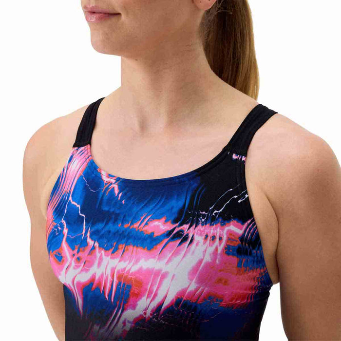 Speedo women's FL Placement Printed Leaderback swimsuit in electro static and black, featuring a colorful pattern and supportive fit.