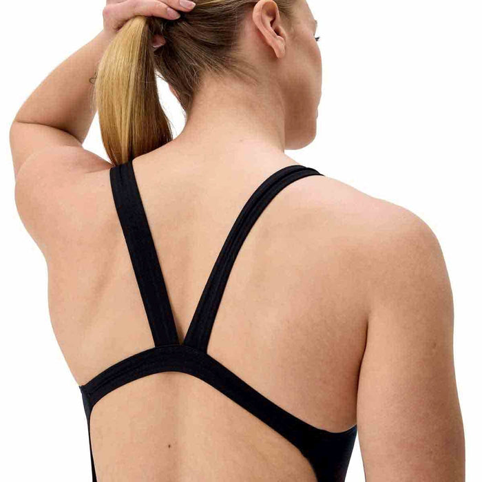 Speedo women's FL Placement Printed Leaderback swimsuit in Electro Static and Black, featuring vibrant pattern and supportive fit.