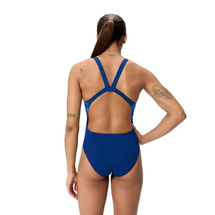 Speedo women's FL Placement printed swimsuit with leaderback design in pixel pool and navy, suitable for swimming and water activities.
