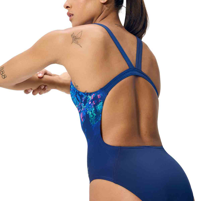 Speedo women's FL Placement printed swimsuit with leaderback design in Pixel Pool and Navy, perfect for swimming and water activities.