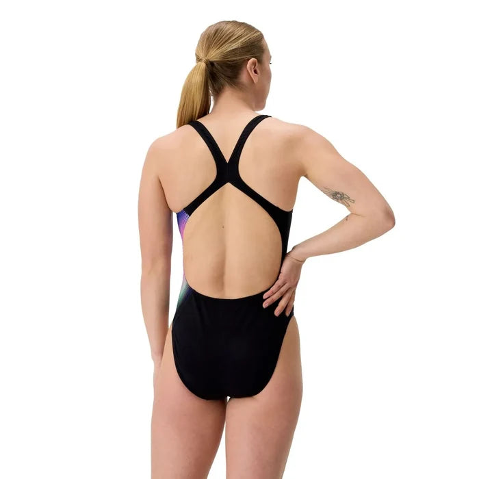 Speedo women's FL Placement Printed Powerback swimsuit in Blurry Glass and Black, featuring a sleek, supportive swimwear design.