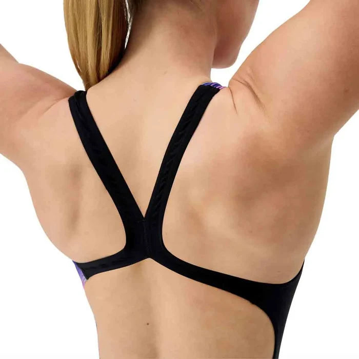 Speedo women's printed powerback swimsuit in Blurry Glass and black with colorful geometric patterns, designed for swim performance.