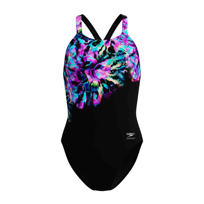 Speedo women's printed Powerback swimsuit in Glitchy Garden and black, featuring vibrant floral design and sleek swimwear style.