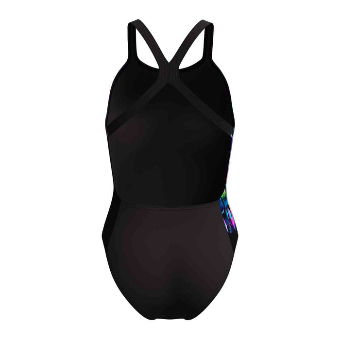 Speedo women's Fl Placement Printed Powerback Swimsuit in Glitchy Garden and Black, featuring vibrant floral design and sporty fit.