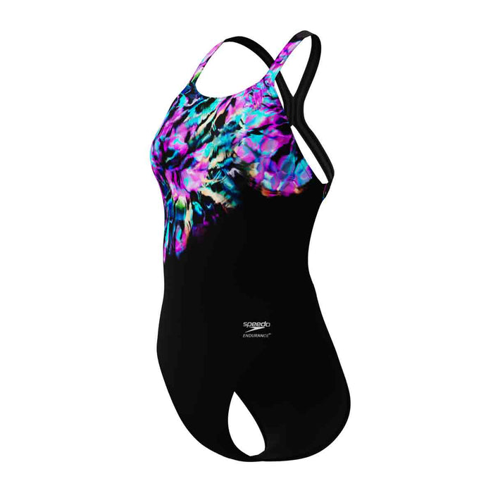 Speedo women's printed powerback swimsuit in Glitchy Garden and black, featuring vibrant floral design and supportive swimwear style.