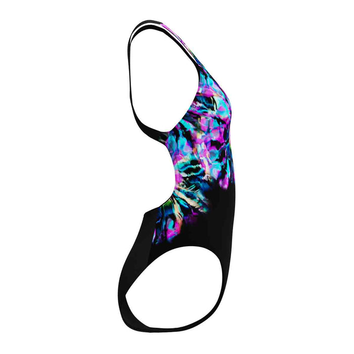 Speedo women's Fl Placement Printed Powerback swimsuit in Glitchy Garden and Black, featuring vibrant floral print and supportive fit.
