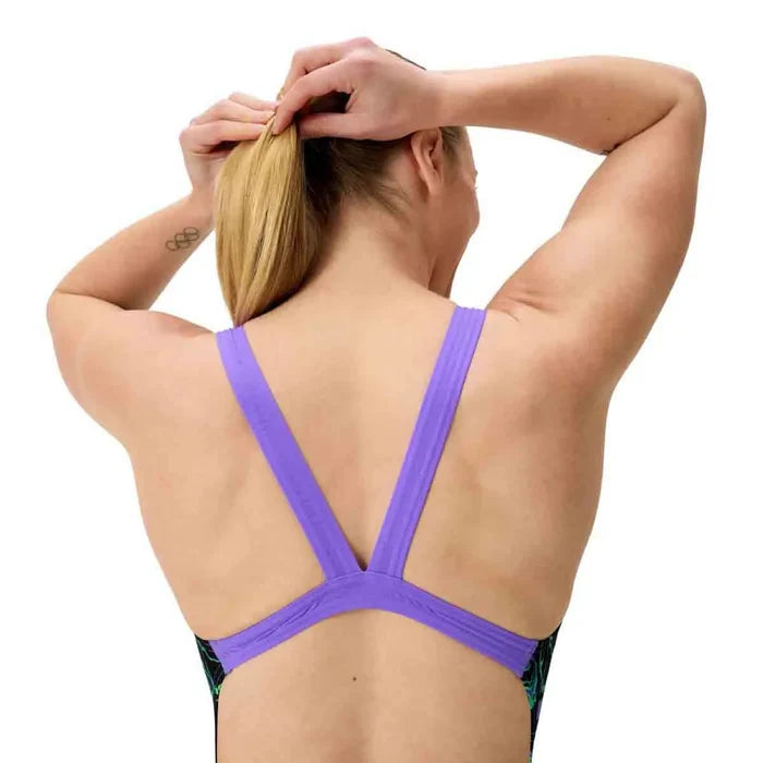 Speedo women's floral glitch printed leaderback swimsuit in black, designed for comfortable and stylish swimwear.