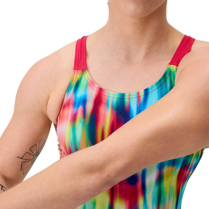 Speedo Women's FL Printed Leaderback Swimsuit in Prismatic Paradise and Ruby, featuring vibrant tropical print and sleek design.