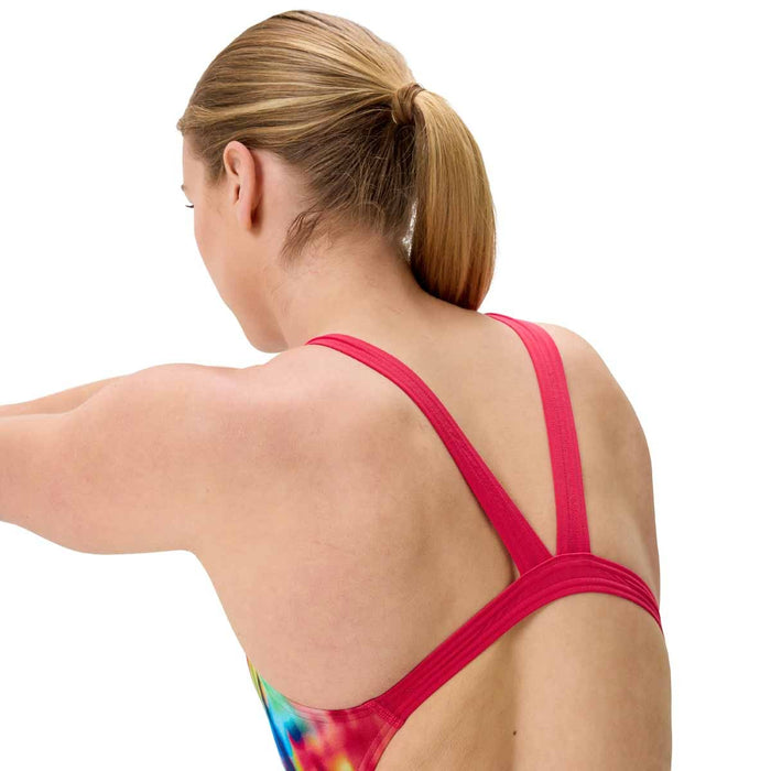 Speedo women's FL Printed Leaderback swimsuit in Prismatic Paradise and Ruby, featuring colorful tropical print and supportive fit.