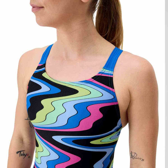 Speedo women's FL Printed Leaderback swimsuit in Ripple Melody and Lagoon Blue, featuring a stylish, fitted design for swimming.
