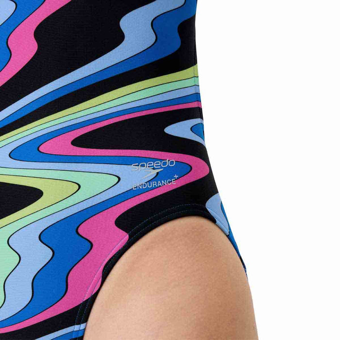 Speedo women's FL Printed Leaderback swimsuit in Ripple Melody and Lagoon Blue, featuring a vibrant, patterned design.