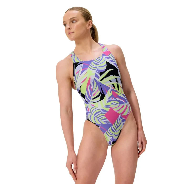 Speedo Women's FL Printed Powerback Swimsuit with Fronds and Indigo Glow pattern, featuring a sleek design and comfortable fit.