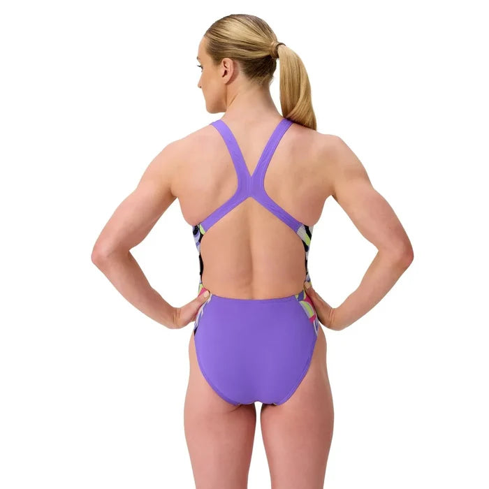 Speedo women's FL printed Powerback swimsuit with fronds and indigo glow pattern, designed for swimming and active water sports.