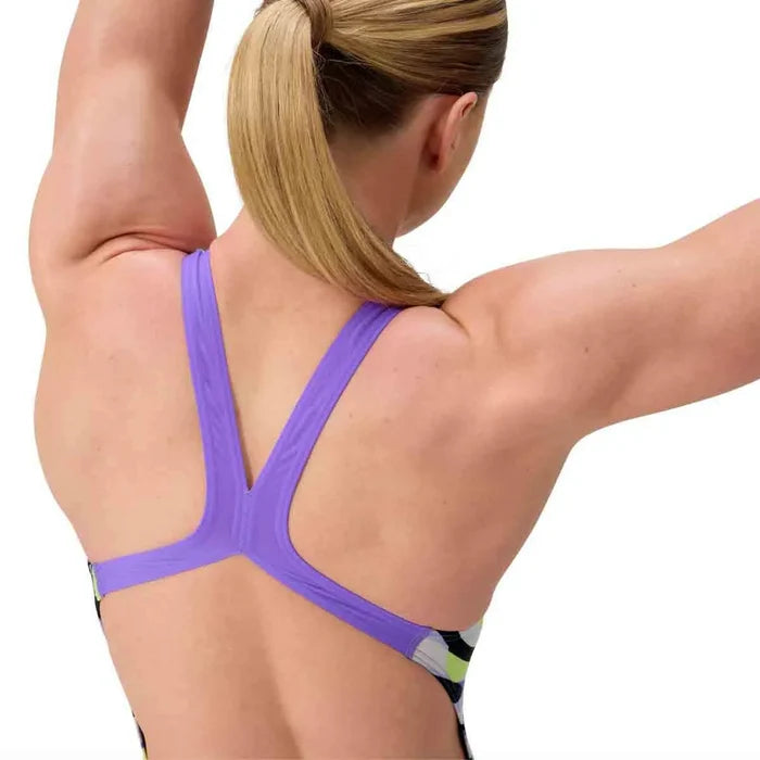 Speedo women's FL printed Powerback swimsuit with fronds and indigo glow design, designed for comfortable swimming and active wear.