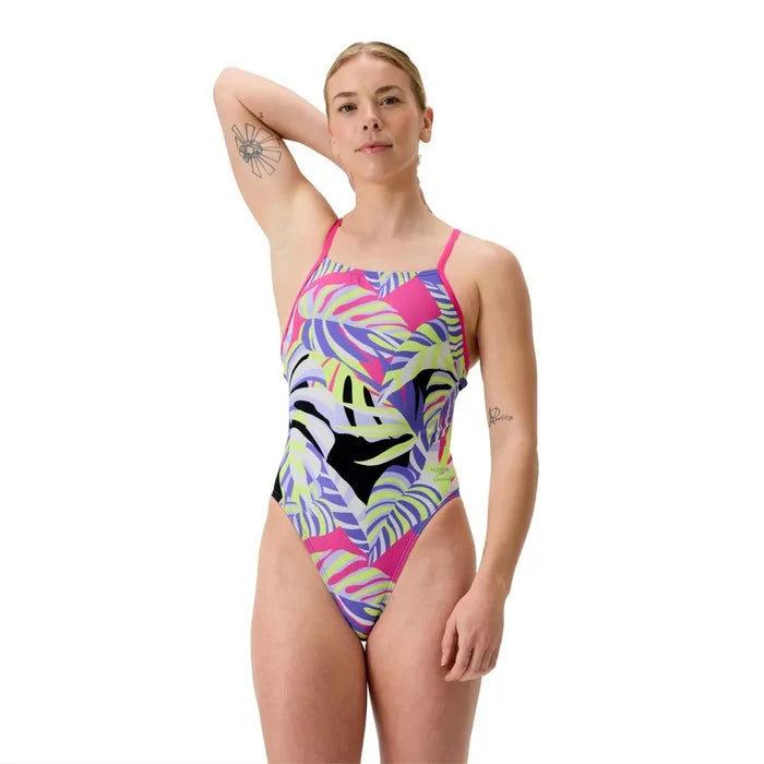 Speedo women's FL printed tie-back swimsuit with fronds and indigo glow pattern, featuring a stylish back design and vibrant colors.