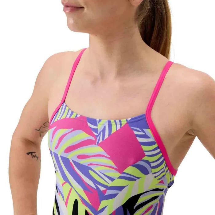 Speedo Women's FL Printed Tie Back Swimsuit with fronds and indigo glow pattern, featuring a stylish tie back design.