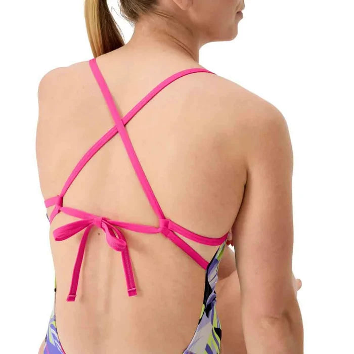 Speedo Women's FL Printed Tie Back Swimsuit with Fronds and Indigo Glow design, featuring a stylish tie-back and vibrant print.