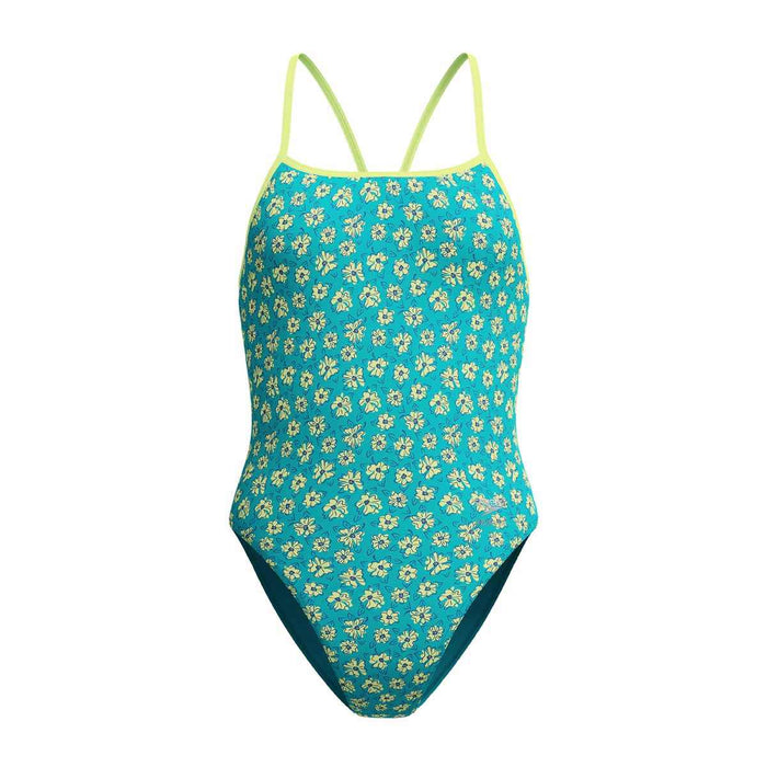 Speedo women's FL Printed Turnback Swimsuit in Bloom Burst and Turquoise Gem, featuring vibrant floral design and comfortable fit