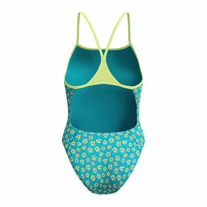 Speedo women's FL printed turnback swimsuit in Bloom Burst and Turquoise Gem with vibrant floral pattern and sporty fit.