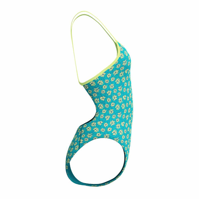 Speedo womens FL printed turnback swimsuit in Bloom Burst and Turquoise Gem with vibrant floral design.