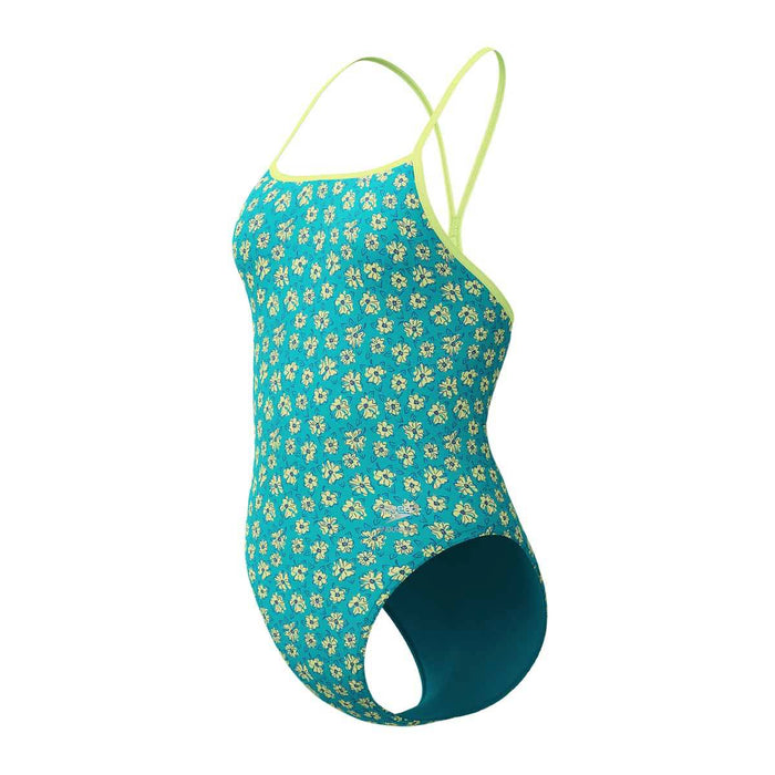 Speedo women's FL printed turnback swimsuit in Bloom Burst and Turquoise Gem with colorful floral pattern and sporty design.